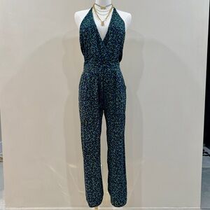 Olivaceous Green/Blue Leopard Print Halter Open Back Jumpsuit Size S